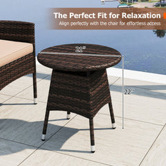 3 Piece Patio Bistro Set, 2 Hand Woven Rattan Armchairs with Beige Cushions and 21 in Round Woven Table at Chair Height