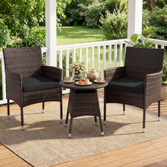 3 Piece Patio Bistro Set, 2 Hand Woven Rattan Armchairs with Black Cushions and 21 in Round Woven Table at Chair Height