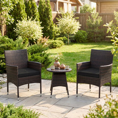 3 Piece Patio Bistro Set, 2 Hand Woven Rattan Armchairs with Black Cushions and 21 in Round Woven Table at Chair Height