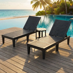 3 Piece Patio Lounge Set, Two Slatted Recliners and a Round Side Table