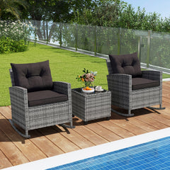 3 Piece Patio Rattan Rocking Chair Set, 2 Mix Grey Wicker Rockers Rated 400 lb with Dark Brown Cushions and an 18 in Glass Top Table