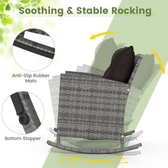 3 Piece Patio Rattan Rocking Chair Set, 2 Mix Grey Wicker Rockers Rated 400 lb with Dark Brown Cushions and an 18 in Glass Top Table