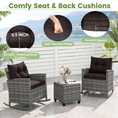 3 Piece Patio Rattan Rocking Chair Set, 2 Mix Grey Wicker Rockers Rated 400 lb with Dark Brown Cushions and an 18 in Glass Top Table