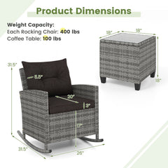 3 Piece Patio Rattan Rocking Chair Set, 2 Mix Grey Wicker Rockers Rated 400 lb with Dark Brown Cushions and an 18 in Glass Top Table