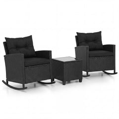 3 Piece Patio Rattan Rocking Chair Set, 2 Black Wicker Rockers Rated 400 lb with Black Cushions and an 18 in Glass Top Table