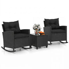 3 Piece Patio Rattan Rocking Chair Set, 2 Black Wicker Rockers Rated 400 lb with Black Cushions and an 18 in Glass Top Table