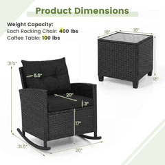 3 Piece Patio Rattan Rocking Chair Set, 2 Black Wicker Rockers Rated 400 lb with Black Cushions and an 18 in Glass Top Table