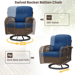 3 Piece Patio Swivel Rocker Set with Tempered Glass Side Table and Thick Cushions-Navy
