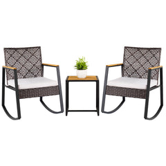 3 Piece Patio Wicker Rocking Chair Set, 2 Diamond Back Rockers with Beige Cushions and a 17 in WPC Top Table
