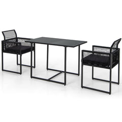 3 Piece Outdoor Dining Set for 2, 42.5 Inch Tempered Glass Table and 2 Chairs with Folding Backrests, Black