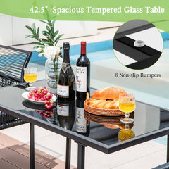 3 Piece Outdoor Dining Set for 2, 42.5 Inch Tempered Glass Table and 2 Chairs with Folding Backrests, Black