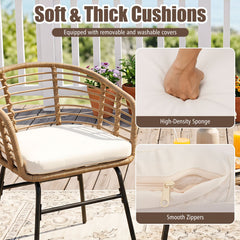 3 Piece Patio Bistro Set, 2 Round Weave Rattan Chairs Rated 400 lb with Cream Cushions and Round Tempered Glass Table