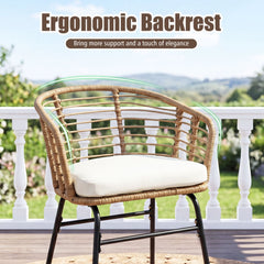 3 Piece Patio Bistro Set, 2 Round Weave Rattan Chairs Rated 400 lb with Cream Cushions and Round Tempered Glass Table