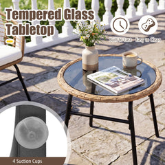 3 Piece Patio Bistro Set, 2 Round Weave Rattan Chairs Rated 400 lb with Cream Cushions and Round Tempered Glass Table