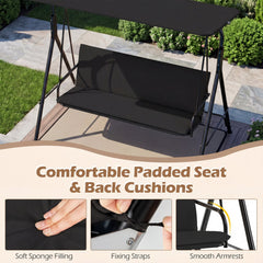 3-Seat Patio Swing Chair with Adjustable Canopy & Removable Cushion-Black
