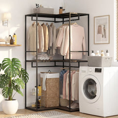 3-Tier Heavy Duty Clothes Rack with 3 Shelves & 2 Hanging Racks-Black & Brown