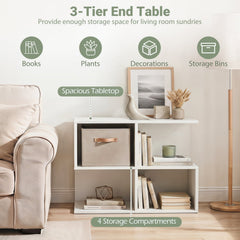 3-Tier Modern S-shaped, End Table, with 4 Storage Cubes-White