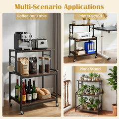 3-Tier Rolling Microwave Cart with Power Outlet and Lockable Wheels and 10 Hooks-Rustic Brown