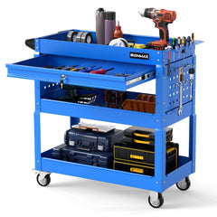 3 Tier Rolling Tool Cart with Lockable Drawer for Garage and Workshop-Blue