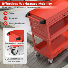 3 Tier Rolling Tool Cart with Lockable Drawer for Garage and Workshop-Red