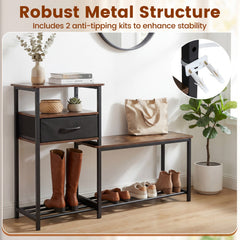 3-Tier Shoe Storage Rack Bench with Drawer and Metal Frame-Rustic Brown