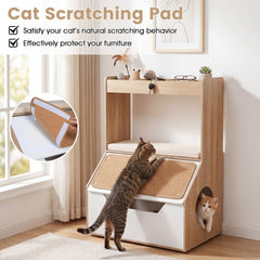 3-in-1 Hidden Cat House Cabinet with 4 Cubbies Removable Cushion and Scratching Pad-Natrual