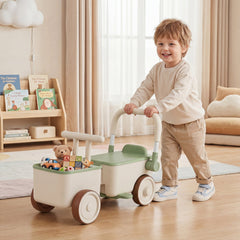 3-in-1 Kids Ride On Push Car with Rope and Storage Basket-Green