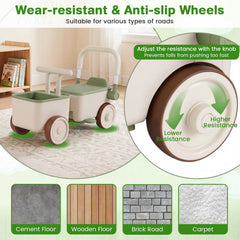 3-in-1 Kids Ride On Push Car with Rope and Storage Basket-Green