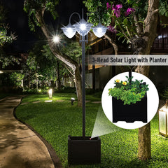 3-head LED Solar Light Lamp Street Light Post with Planter, Solar-powered Lamp Post, Black