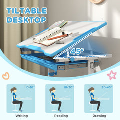 Height Adjustable Study Table and Chair Set with Drawer, Pen Slot, Tiltable Desktop, Hook, Blue