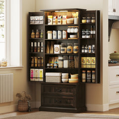 72" LED Kitchen Pantry Cabinet, Buffet Storage Cabinet with 10 Door Shelves, 2 Drawers and Adjustable Shelves, Black