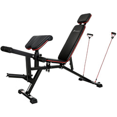 Adjustable Weight Bench with Wheels, Load 660LBS Workout Bench with Leg Extension, Preacher Curl and Resistance Bands