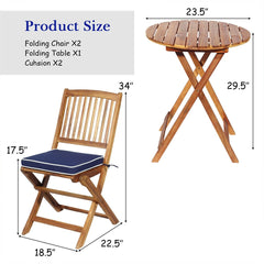 3 Piece Folding Acacia Wood Bistro Set, 2 Slatted Chairs with Navy Cushions and a 23.5 in Round Table
