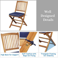 3 Piece Folding Acacia Wood Bistro Set, 2 Slatted Chairs with Navy Cushions and a 23.5 in Round Table