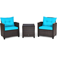 3 Piece Patio Rattan Conversation Set, 2 Wicker Sofas Rated 360 lb with Turquoise Cushions, 21.5 in Seat Height and Glass Top Table