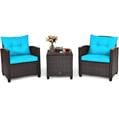 3 Piece Patio Rattan Conversation Set, 2 Wicker Sofas Rated 360 lb with Turquoise Cushions, 21.5 in Seat Height and Glass Top Table