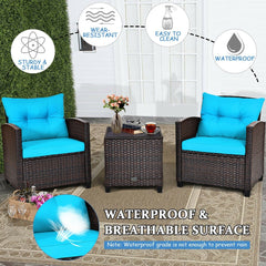 3 Piece Patio Rattan Conversation Set, 2 Wicker Sofas Rated 360 lb with Turquoise Cushions, 21.5 in Seat Height and Glass Top Table