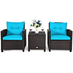 3 Piece Patio Rattan Conversation Set, 2 Wicker Sofas Rated 360 lb with Turquoise Cushions, 21.5 in Seat Height and Glass Top Table