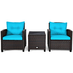 3 Piece Patio Rattan Conversation Set, 2 Wicker Sofas Rated 360 lb with Turquoise Cushions, 21.5 in Seat Height and Glass Top Table