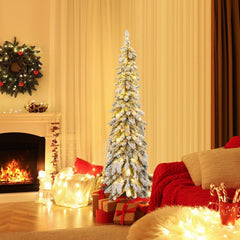 5 FT Pre-Lit Snow Flocked Slim Pencil Christmas Tree with 334 Tips, 150 LEDs and 11 Modes
