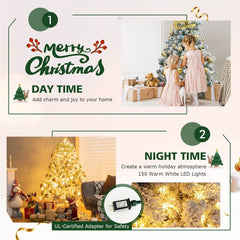 4.5 FT Pre-Lit Snow Flocked Christmas Tree with 295 Hinged Tips and 150 Warm White LEDs