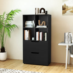 4-Cube Bookcase with 2 Drawers 51 inch 5-Tier Tall Freestanding Bookshelf-Black