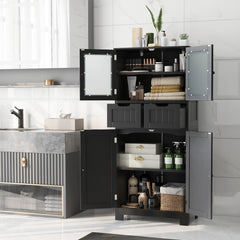 4 Door Freestanding Bathroom Floor Storage Cabinet with 2 Drawers and Glass Doors-Black