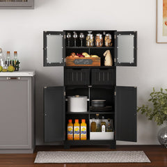 4 Door Freestanding Bathroom Floor Storage Cabinet with 2 Drawers and Glass Doors-Black
