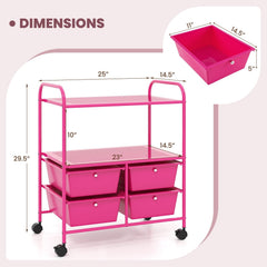 4 Drawers Shelves Rolling Storage Cart Rack-Hot Pink