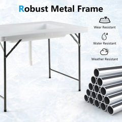 4 Feet Folding Ice Bin Table with Skirt for Camping Picnic Wedding with Ice Bucket-White
