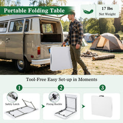 4 Feet Portable Camping Table with HDPE Tabletop and Metal Legs-White