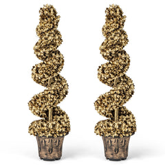 4 FT Artificial Topiary Spiral Tree Set of 2 with Vintage Plastic Nursery Pot-Gold