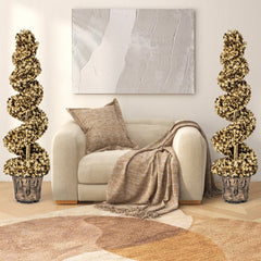 4 FT Artificial Topiary Spiral Tree Set of 2 with Vintage Plastic Nursery Pot-Gold