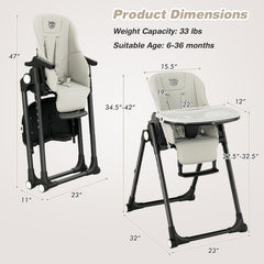 4-in-1 Baby High Chair with 6 Adjustable Heights-Gray